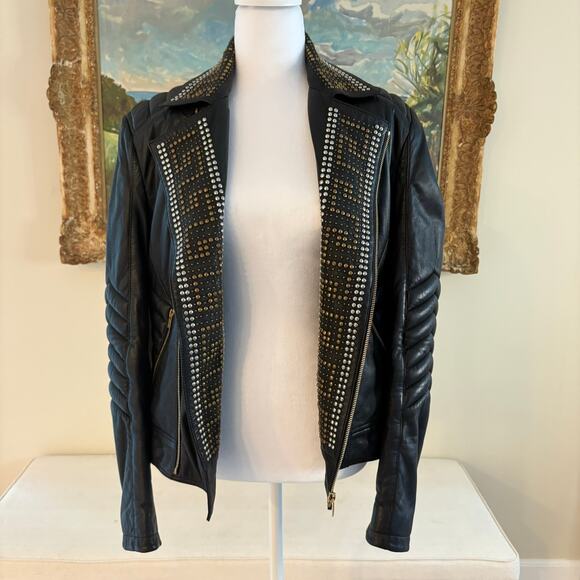 Versace H&M Black Studded Biker Moto Jacket Womens Medium - Picture 13 of 16